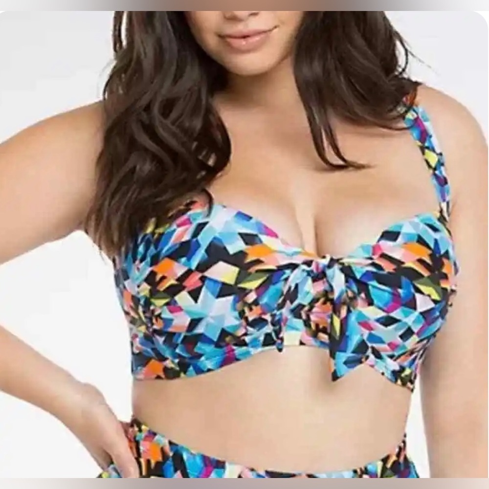 Torrid Plus Size 2X Geometric Print Tie Front Colorful Rainbow Bikini Swim Top